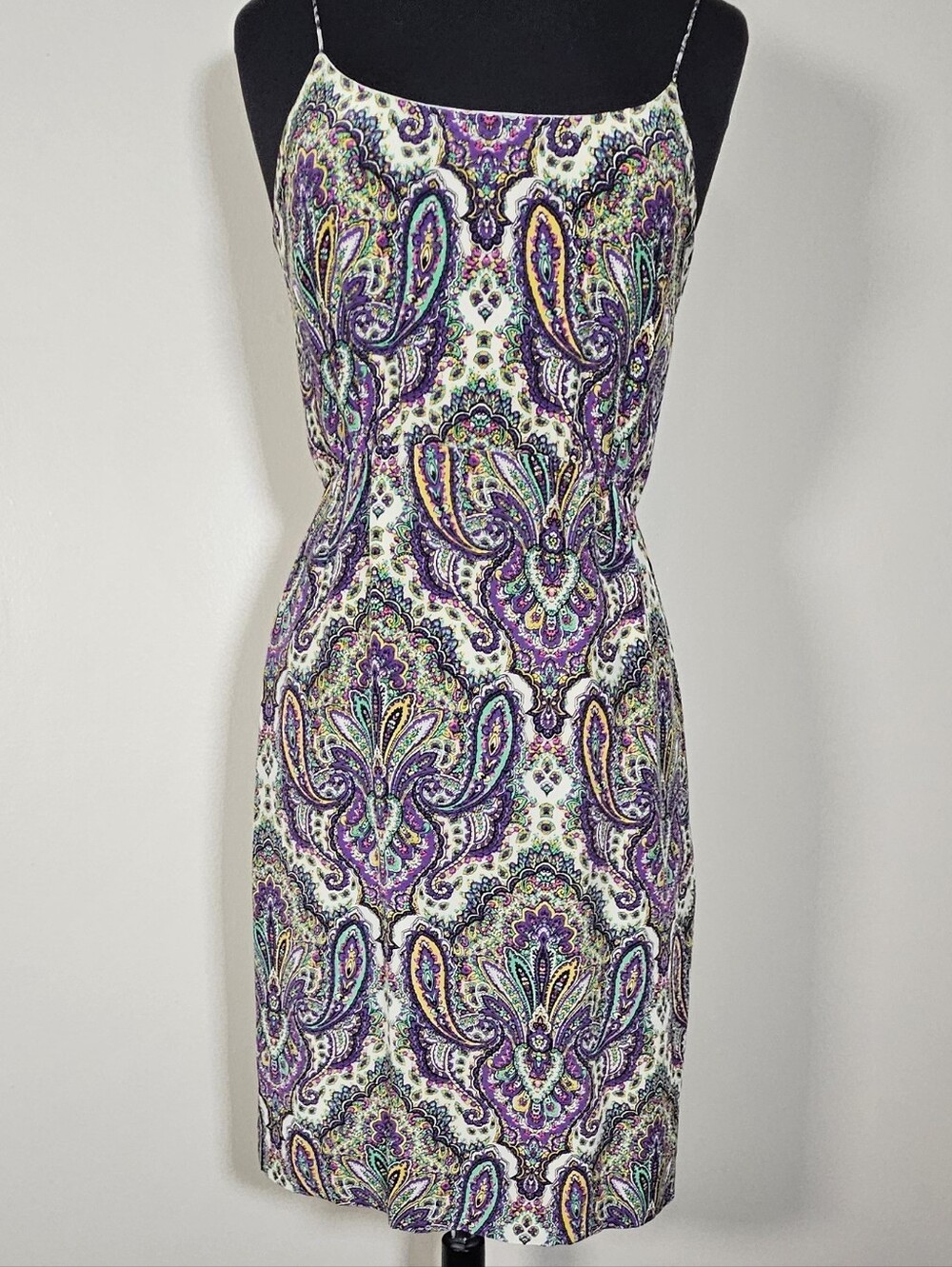 Y2K J Crew Silk Paisley Boho Print Knee Length Shift Spaghetti Strap 4 Minimal